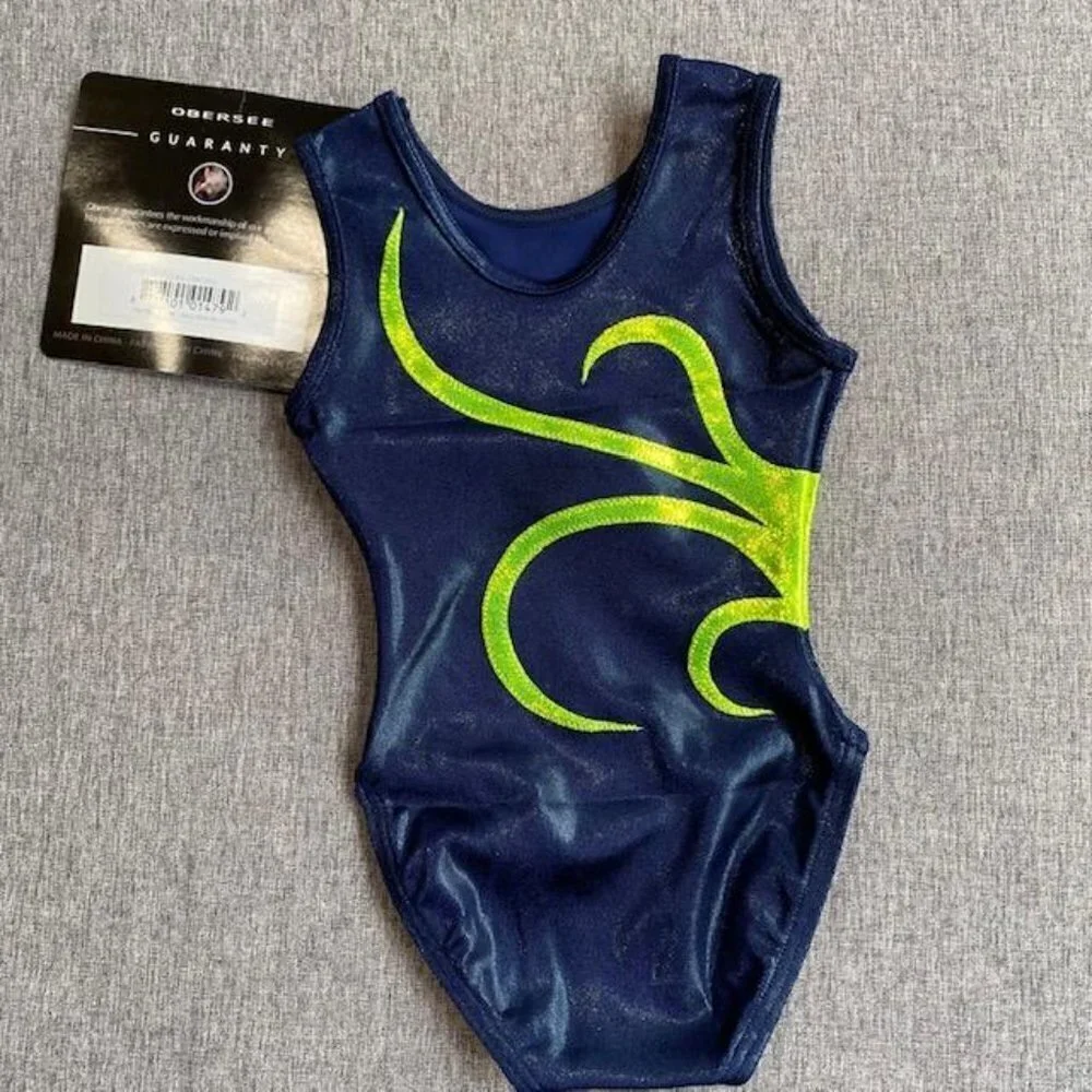 2 Pcs Obersee Girl's Gymnastics Leotards, Navy/Green Strands, Child XXS